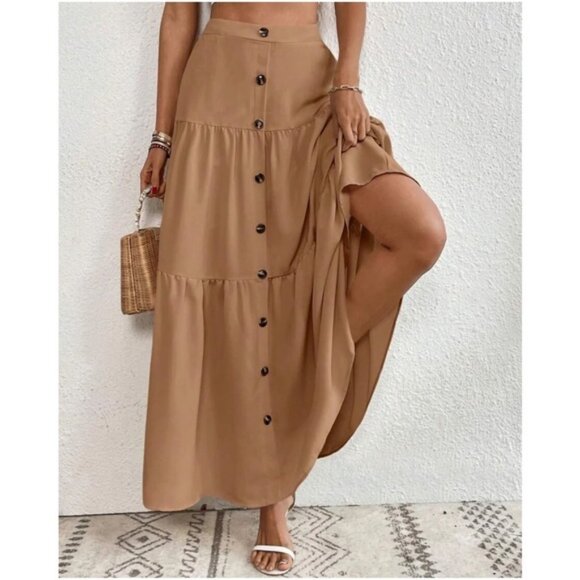 Solid High Waist Button Detail Ruffle Hem Maxi Skirt - Picture 1 of 3